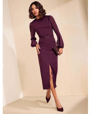 Friends Like These Burgundy Chiffon Long Sleeve Pencil Midi Dress - Pink