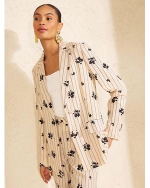 Love & Roses Linen Look Floral Pinstripe Printed Blazer - Natural