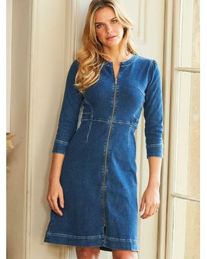 Sosandar Zip Front Collarless Denim Dress - Blue