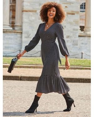 Sosandar Spot Print Belted Midi Dress - Gray