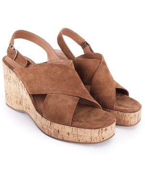 OFF THE HOOK Tara Leather Cross Strap Cork Wedge Sandals - Brown