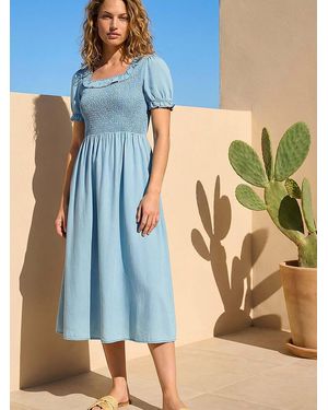 Roman Shirred Frill Midi Dress - Blue