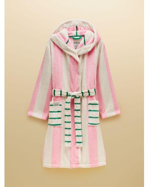 Joules Luna/Cream Stripe Lightweight Hooded Fleece Dressing Gown - Pink