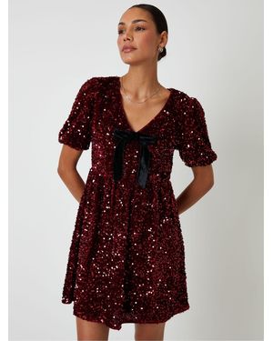 Threadbare Sequin Velour Bow Detail Mini Dress - Red