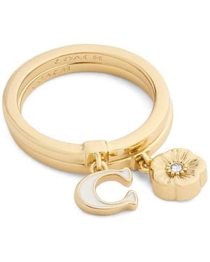 COACH Signature C Tea Rose Charm Duo Ring Set - Metallic