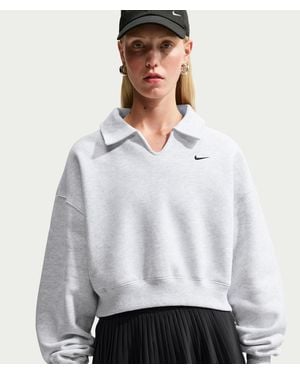 Nike Studio Fleece Medium Weight Oversized Cropped Polo - White