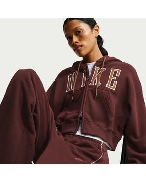 Nike Studio Fleece Medium Weight Oversized Full-Zip Cropped Hoodie - Brown