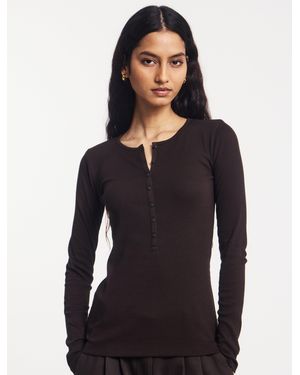 NINETY PERCENT Classic Rib Henley In Bitter Chocolate - Blue