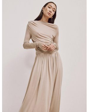 NINETY PERCENT Romy Long Sleeve Draped Dress In Taupe - Natural