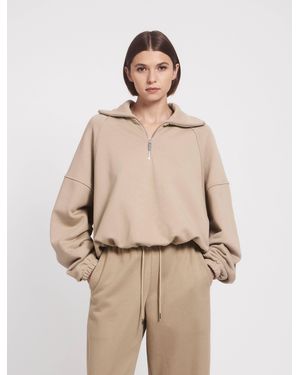 NINETY PERCENT Classic Half Zip Sweatshirt In Taupe - Natural