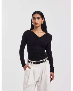 NINETY PERCENT Corey Ruched Long Sleeve Top In Black - White