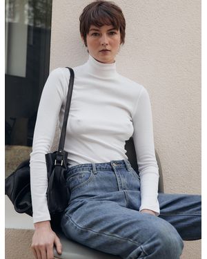 NINETY PERCENT Classic Rib High Neck Top In White - Natural