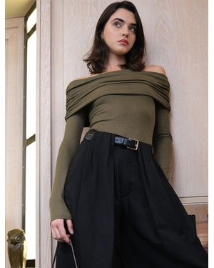NINETY PERCENT Stevie Rib Fold Over Top In Leaf Green - White