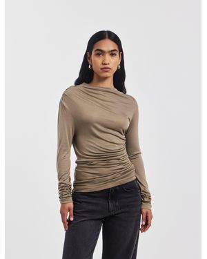 NINETY PERCENT Iphis Draped Long Sleeve Top In Sage - Natural