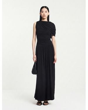 NINETY PERCENT Mila Asymmetrical Caped Shoulder Maxi Dress In Black - White