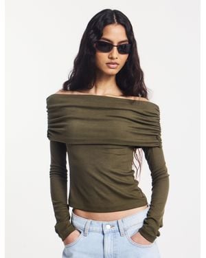 NINETY PERCENT Stevie Rib Fold Over Top In Leaf Green - White