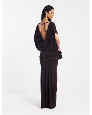 NINETY PERCENT Ramona Blouson Maxi Dress With Full Hem In Bitter Chocolate - Blue