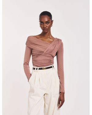 NINETY PERCENT Corey Ruched Long Sleeve Top In Sandalwood - White