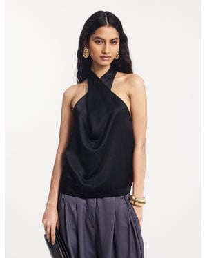 NINETY PERCENT Cleo Wrap Halter Top In Black - Blue