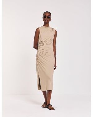 NINETY PERCENT Lana Draped Midi Dress In Taupe - Natural