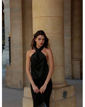 NINETY PERCENT Cleo Wrap Halter Top In Black - Blue