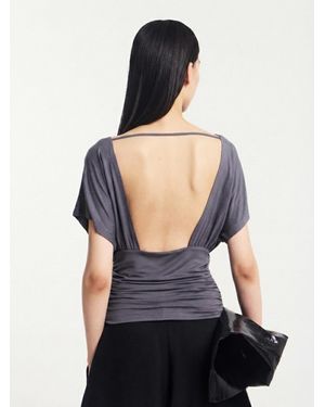 NINETY PERCENT Amelie Slash Neck Gathered Side Top In Magnet - Blue