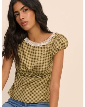 Nobody's Child Gingham Puff Sleeve Dione Top - Green