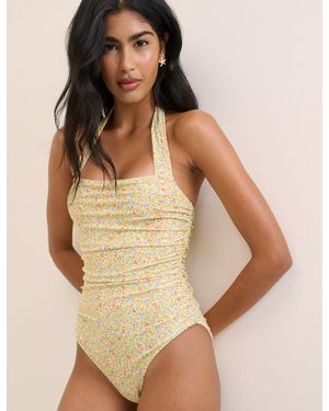 Nobody's Child Ditsy Floral Halterneck Ruched Swimsuit - Natural