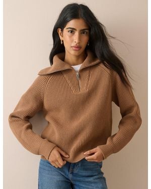 Nobody's Child Ribbed Half Zip Jumper - Brown