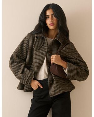 Nobody's Child Check Funnel Neck Wool-Blend Coat - Brown