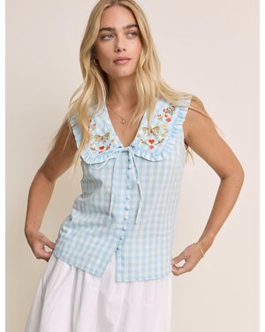 Nobody's Child Gingham Embroidered Birdie Blouse - Blue