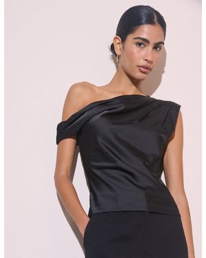 Nobody's Child Asymmetric Pleated Satin Top - Black