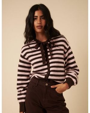 Nobody's Child And Striped Tie Neck Cardigan - Brown