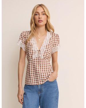 Nobody's Child Gingham Lace Trim Maeve Top - Natural