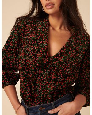 Nobody's Child Cherry Print Cord Emmie Blouse - Black