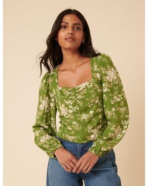 Nobody's Child Floral Balloon Sleeve Top - Green