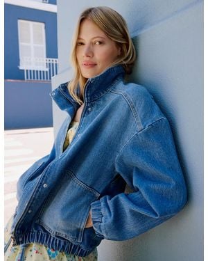 Nobody's Child Denim Funnel Neck Bomber Jacket - Blue