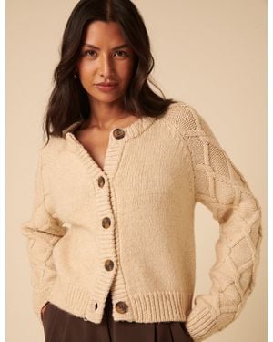 Nobody's Child Crew Neck Cable Detail Cardigan - Natural