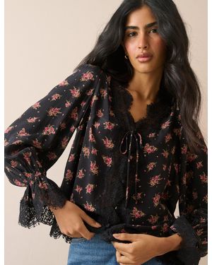 Nobody's Child Floral Lace Trim Satin Blouse - Black