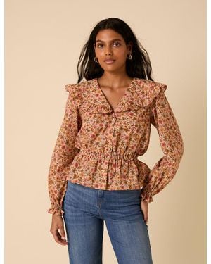 Nobody's Child Floral Frill Collar Top - Blue
