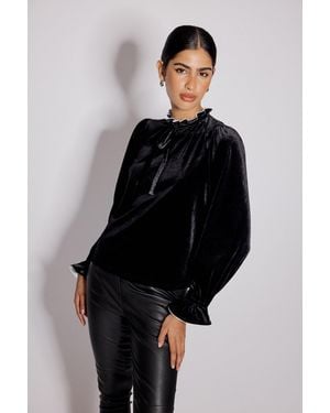 Nobody's Child Velvet Frill Trim Blouse - Black