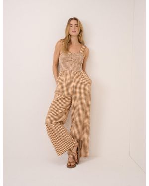 Nobody's Child Gingham Shirred Helena Jumpsuit - Natural