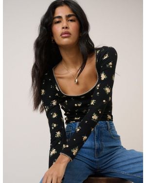 Nobody's Child Floral Whipstitch Pointelle Scoop Neck Top - Blue
