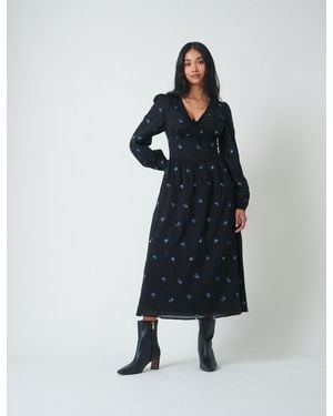 Nobody's Child Floral Embroidered Balloon Sleeve Alysia Midi Dress - Blue