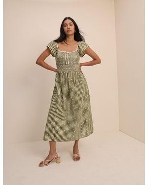 Nobody's Child Gingham Embroidered Shirred Mindy Midi Dress - Natural