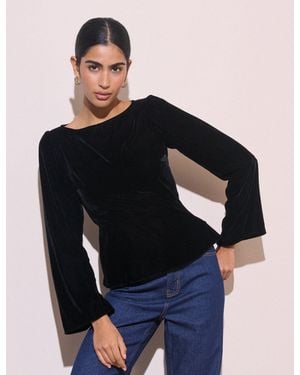 Nobody's Child Fluted Sleeve Velvet Eva Top - Blue