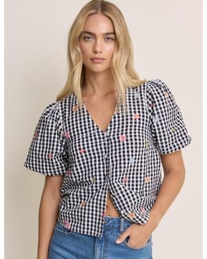 Nobody's Child Gingham And Floral Puff Sleeve Top - Blue