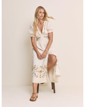 Nobody's Child Embroidered Puff Sleeve Saffy Midi Dress - Natural