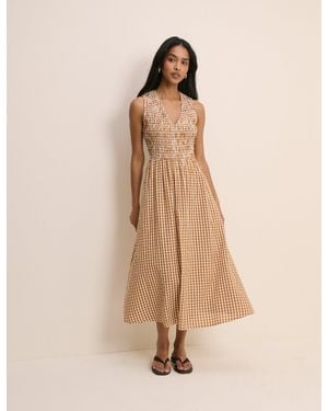 Nobody's Child Gingham Shirred Audrey Midi Dress - Natural