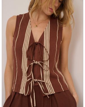 Nobody's Child Striped Linen-Blend Tie Front Tessa Top - Brown